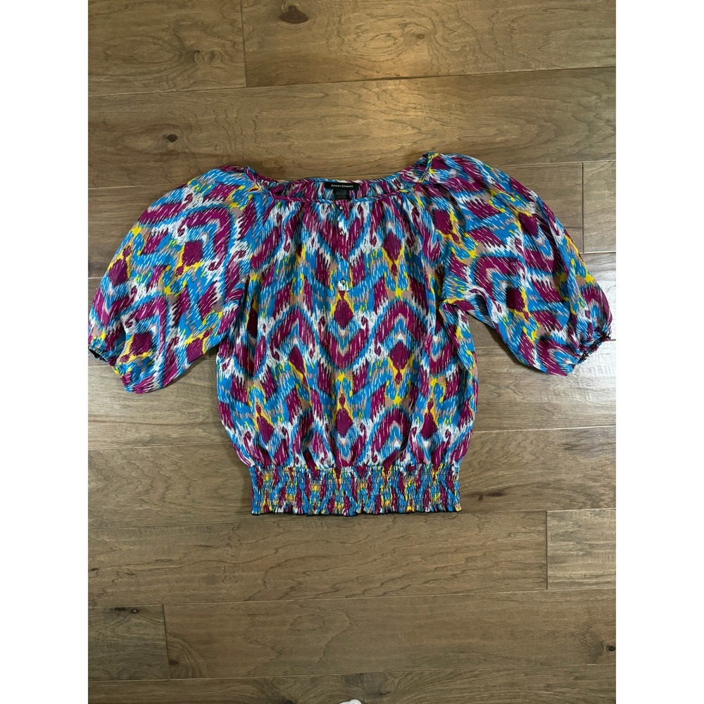 Ashley Stewart Women Blue Pink Ikat Print Smocked Waist Puff Sleeve Blouse Sz 12